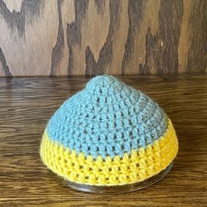 Baby beanie hat Blue and yellow handmade crochet